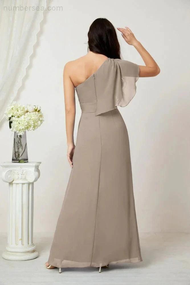 Numbersea  Chiffon Ruffled One Shoulder Long Bridesmaid Dresses A-line Formal Evening Gown Side Split 2809