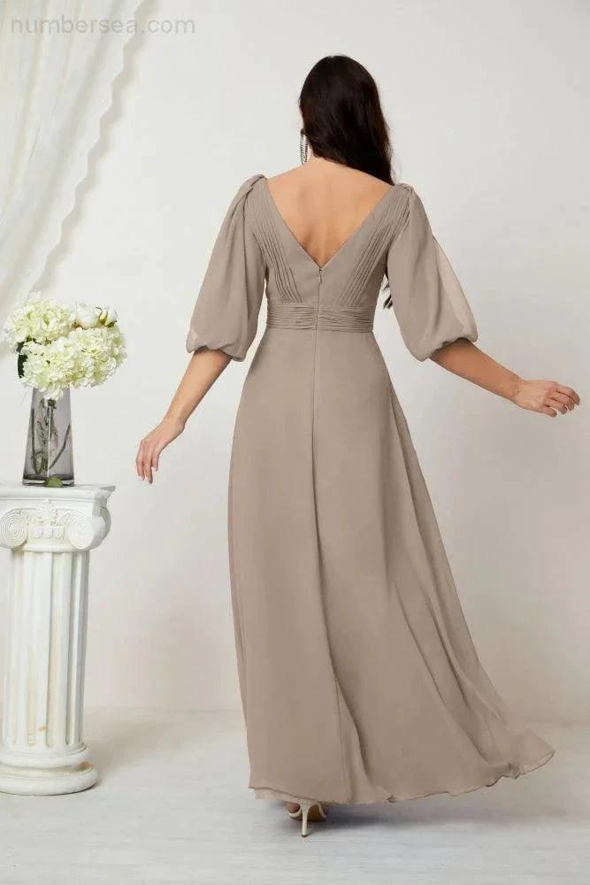 Numbersea  Formal Prom Gown Women V-Neck Chiffon Bridesmaid Dresses Long Bishop Sleeve Party Dress 2807