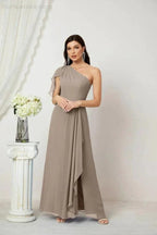 Numbersea  Chiffon Ruffled One Shoulder Long Bridesmaid Dresses A-line Formal Evening Gown Side Split 2809