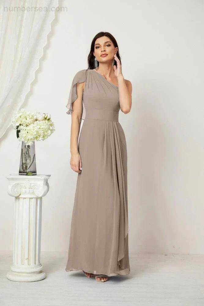 Numbersea  Chiffon Ruffled One Shoulder Long Bridesmaid Dresses A-line Formal Evening Gown Side Split 2809