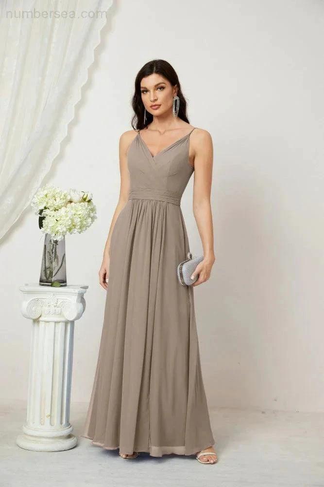 Numbersea Chiffon V-Neck Bridesmaid Dress Spaghetti Strap Long Formal Party Prom Gowns with Slit 28010