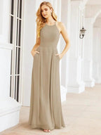 Numbersea Halter Bridesmaid Dresses with Pockets Sleeveless Formal Evening Party Prom Gowns  28055