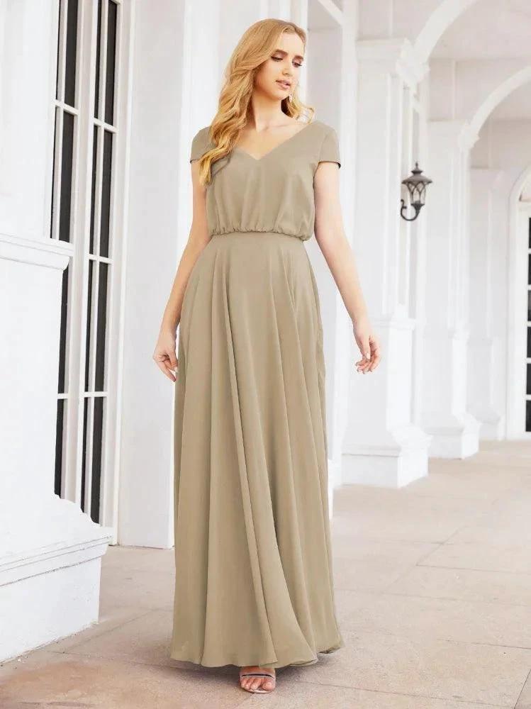 Numbersea V-Neck Bridesmaid Dresses Long Cap Sleeves Prom Evening Formal Gowns 28071