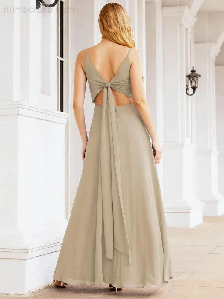 Numbersea Spaghetti Strap Bridesmaid Dresses V Neck Butterfly Back Fromal Evening Party Prom Gown 28036