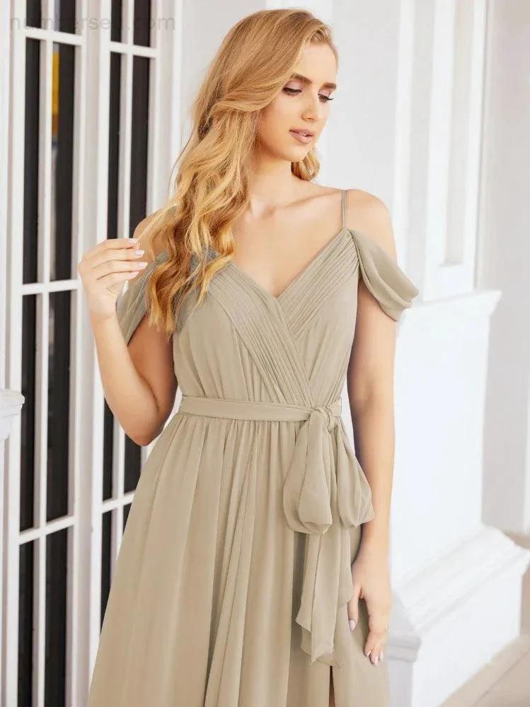 Numbersea Off The Shoulder Chiffon Bridesmaid Dress Long Formal Graduation Gown with Cowl Back 28069