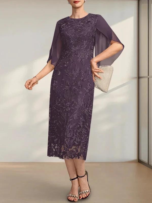 Sheath/Column Scoop Tea-Length Lace Chiffon Mother of the Bride Dress