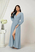 Sunnderly Evening Dresses Deep V-Neck Chiffon Bridesmaid Dresses Long Bishop Sleeve Side Split Formal Dress SY2806