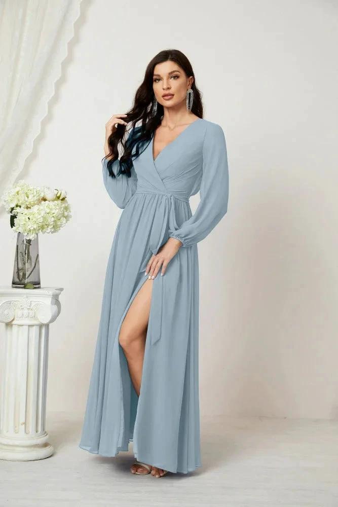 Sunnderly Evening Dresses Deep V-Neck Chiffon Bridesmaid Dresses Long Bishop Sleeve Side Split Formal Dress SY2806