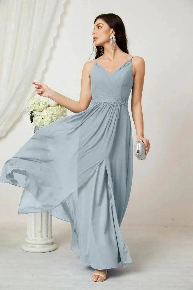 Numbersea Chiffon V-Neck Bridesmaid Dress Spaghetti Strap Long Formal Party Prom Gowns with Slit 28010