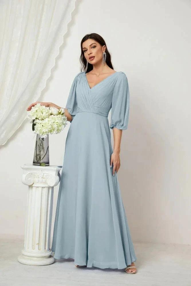 Numbersea  Formal Prom Gown Women V-Neck Chiffon Bridesmaid Dresses Long Bishop Sleeve Party Dress 2807