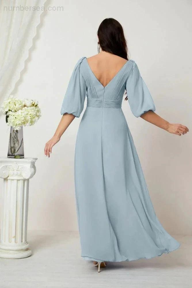 Numbersea  Formal Prom Gown Women V-Neck Chiffon Bridesmaid Dresses Long Bishop Sleeve Party Dress 2807