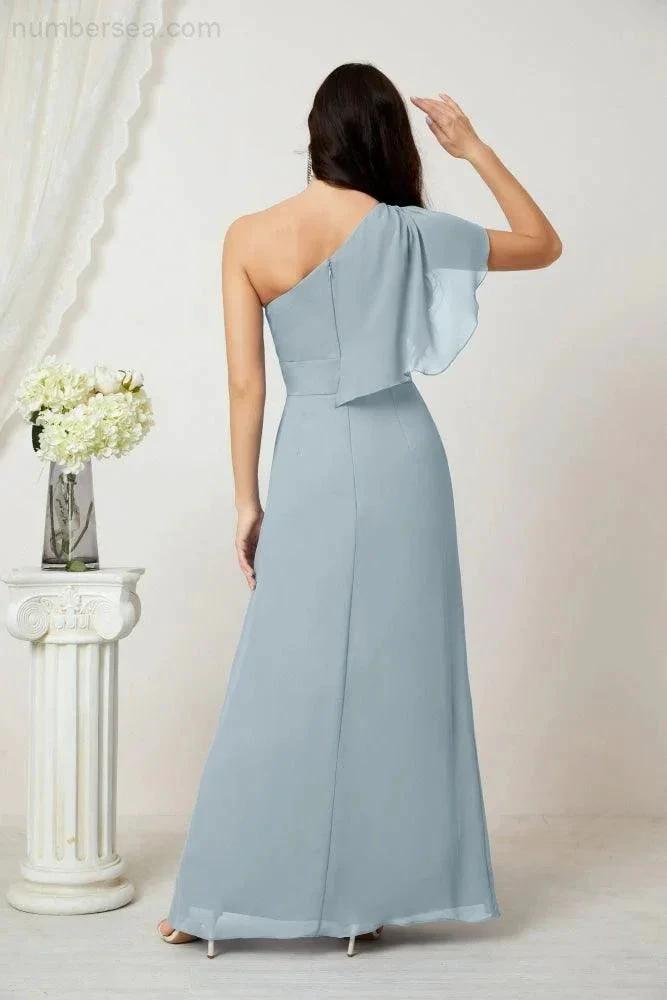 Numbersea  Chiffon Ruffled One Shoulder Long Bridesmaid Dresses A-line Formal Evening Gown Side Split 2809