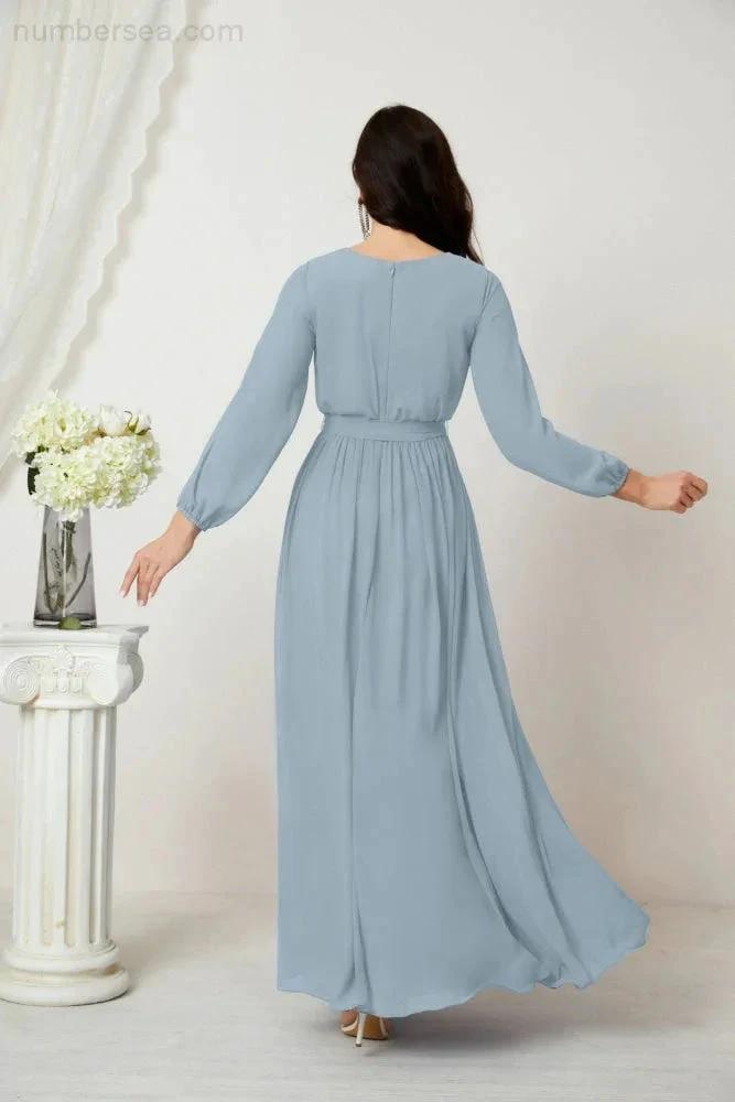 Sunnderly Evening Dresses Deep V-Neck Chiffon Bridesmaid Dresses Long Bishop Sleeve Side Split Formal Dress SY2806