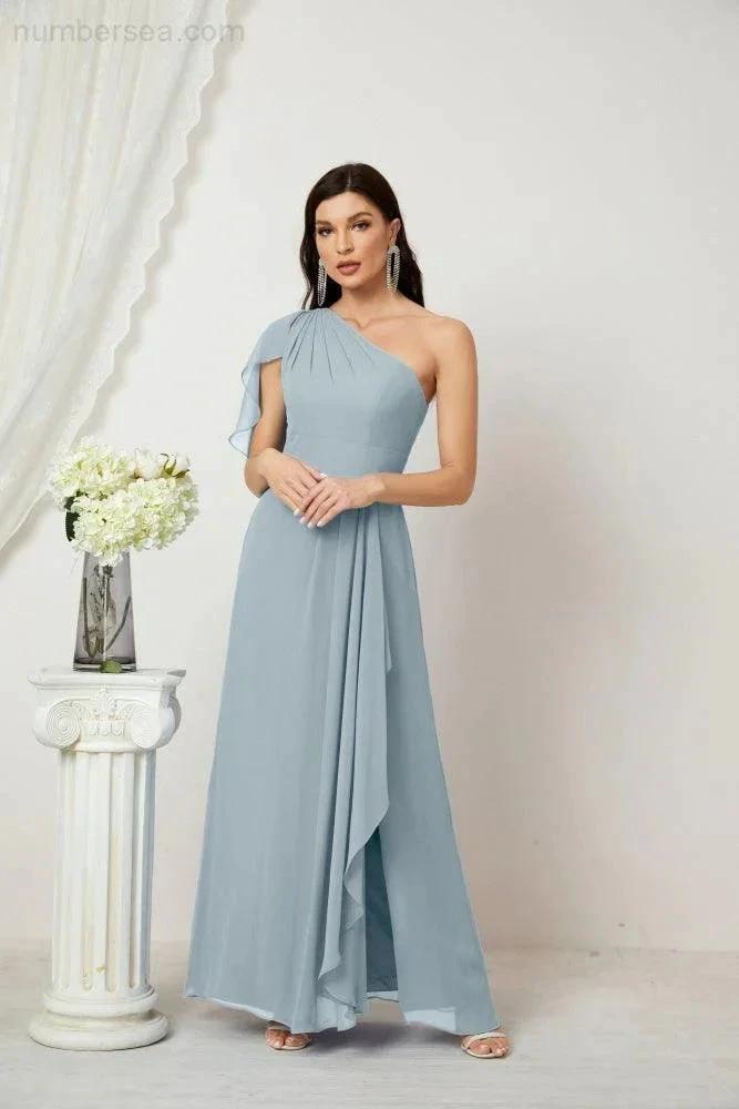 Numbersea  Chiffon Ruffled One Shoulder Long Bridesmaid Dresses A-line Formal Evening Gown Side Split 2809