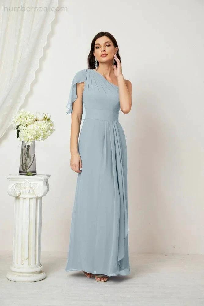 Numbersea  Chiffon Ruffled One Shoulder Long Bridesmaid Dresses A-line Formal Evening Gown Side Split 2809
