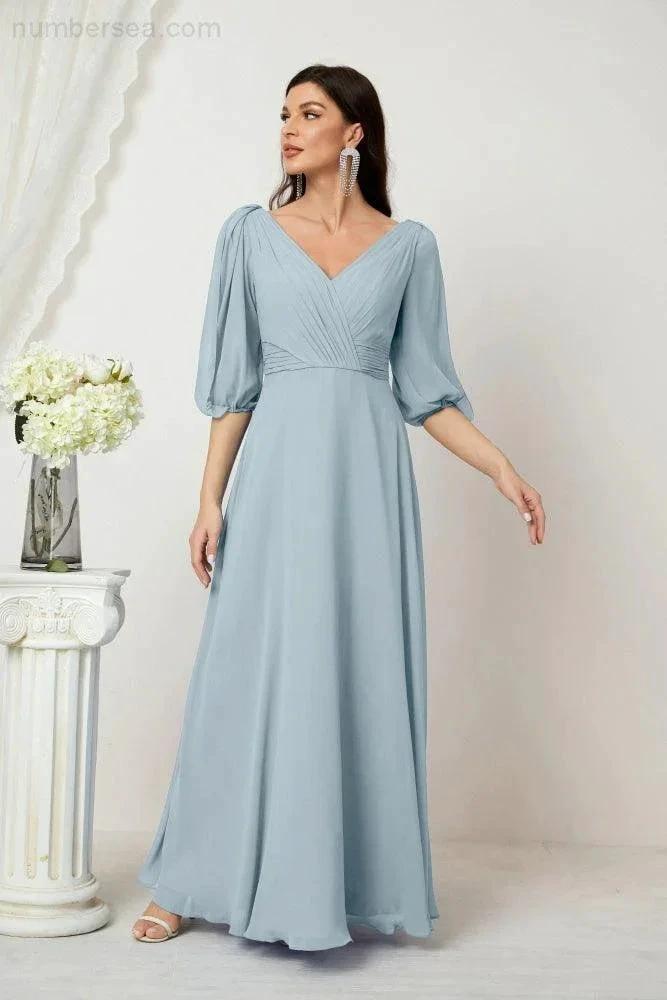 Numbersea  Formal Prom Gown Women V-Neck Chiffon Bridesmaid Dresses Long Bishop Sleeve Party Dress 2807