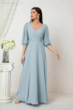 Numbersea  Formal Prom Gown Women V-Neck Chiffon Bridesmaid Dresses Long Bishop Sleeve Party Dress 2807