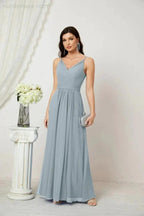 Numbersea Chiffon V-Neck Bridesmaid Dress Spaghetti Strap Long Formal Party Prom Gowns with Slit 28010
