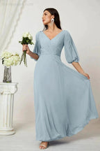 Numbersea  Formal Prom Gown Women V-Neck Chiffon Bridesmaid Dresses Long Bishop Sleeve Party Dress 2807