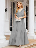 Numbersea Women's Open Back Formal Evening Party Prom Gowns V-Neck Long Chiffon Bridesmaid Dresses with Waist Belt 28038