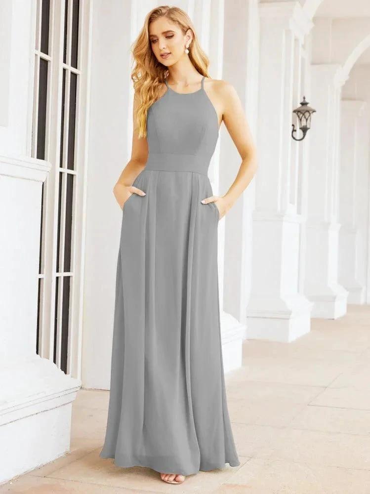 Numbersea Halter Bridesmaid Dresses with Pockets Sleeveless Formal Evening Party Prom Gowns  28055