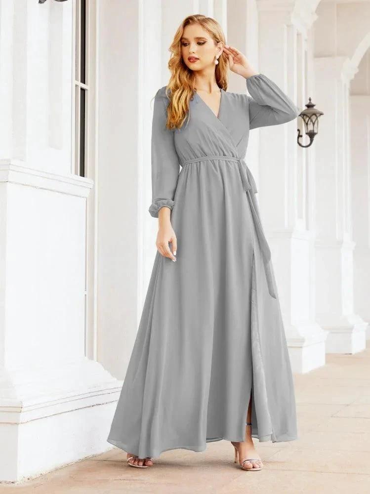 Sunnderly Women's Chiffon Bridesmaid Dress A line Long Sleeves Formal Evening Prom Gown for Wedding Guest SY28032