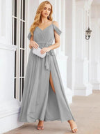 Numbersea Off The Shoulder Chiffon Bridesmaid Dress Long Formal Graduation Gown with Cowl Back 28069