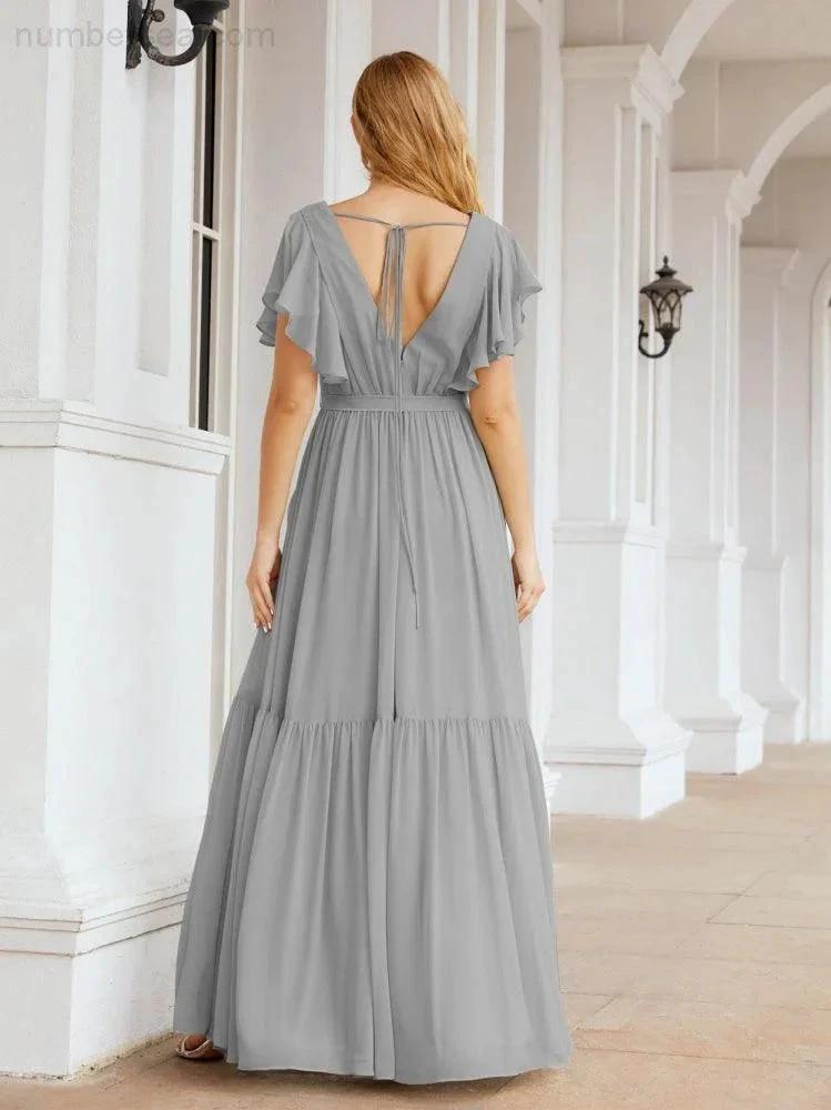 Numbersea Women's Open Back Formal Evening Party Prom Gowns V-Neck Long Chiffon Bridesmaid Dresses with Waist Belt 28038