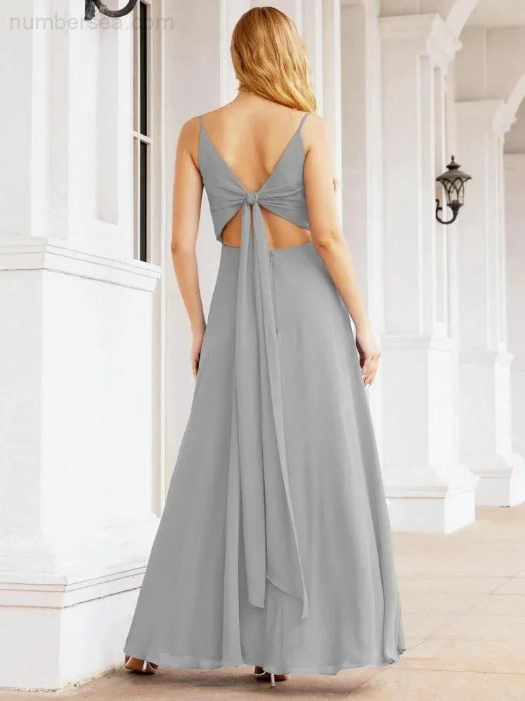 Numbersea Spaghetti Strap Bridesmaid Dresses V Neck Butterfly Back Fromal Evening Party Prom Gown 28036