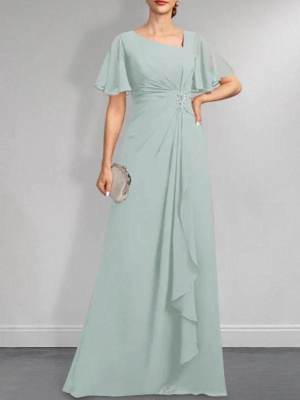 A-line Asymmetrical Floor-Length Chiffon Mother of the Bride Dress With Pleated Beading Sequins