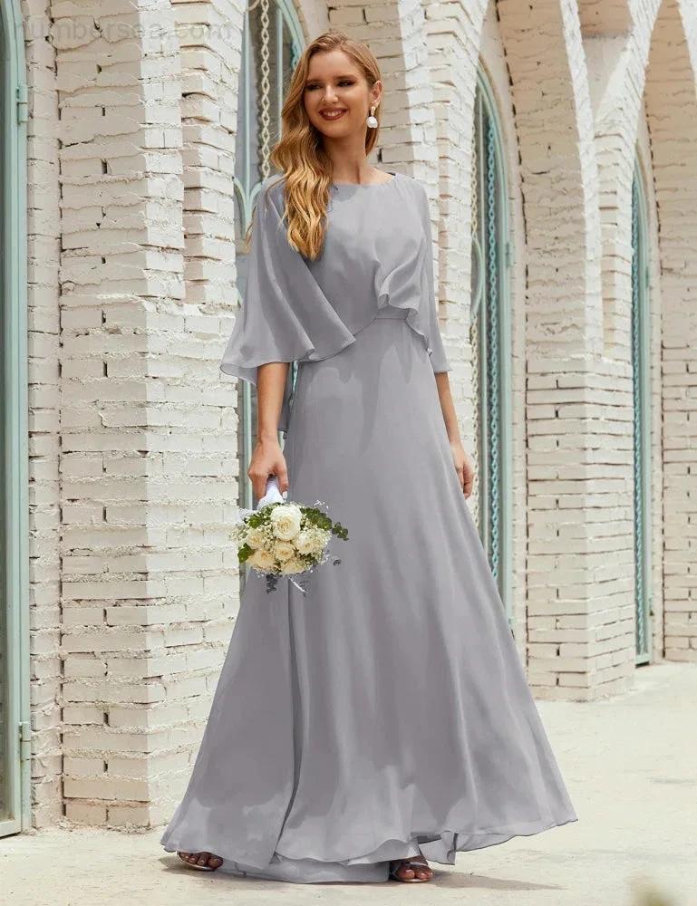 Sunnderly  Bridesmaid Dress Women Long Sleeve V-Neck Chiffon Formal Wedding Party Dress SY28018