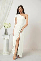 Numbersea  Chiffon Ruffled One Shoulder Long Bridesmaid Dresses A-line Formal Evening Gown Side Split 2809