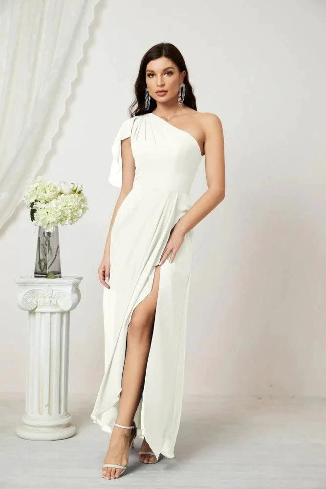 Numbersea  Chiffon Ruffled One Shoulder Long Bridesmaid Dresses A-line Formal Evening Gown Side Split 2809