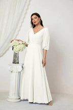 Numbersea  Formal Prom Gown Women V-Neck Chiffon Bridesmaid Dresses Long Bishop Sleeve Party Dress 2807