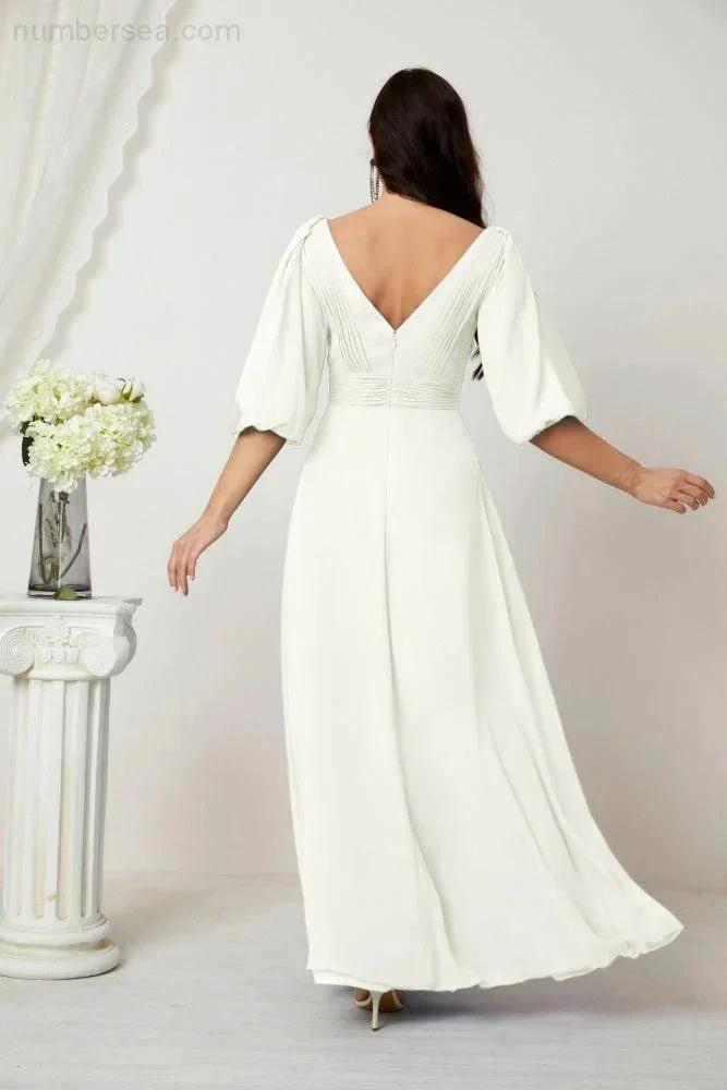 Numbersea  Formal Prom Gown Women V-Neck Chiffon Bridesmaid Dresses Long Bishop Sleeve Party Dress 2807