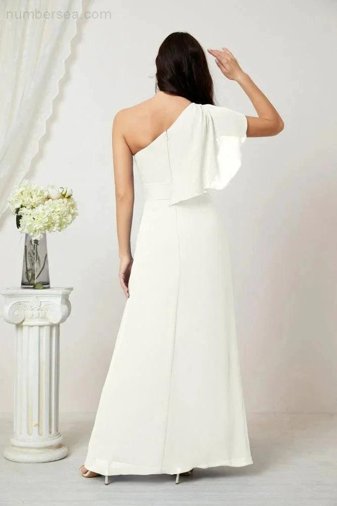 Numbersea  Chiffon Ruffled One Shoulder Long Bridesmaid Dresses A-line Formal Evening Gown Side Split 2809