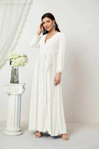 Sunnderly Evening Dresses Deep V-Neck Chiffon Bridesmaid Dresses Long Bishop Sleeve Side Split Formal Dress SY2806