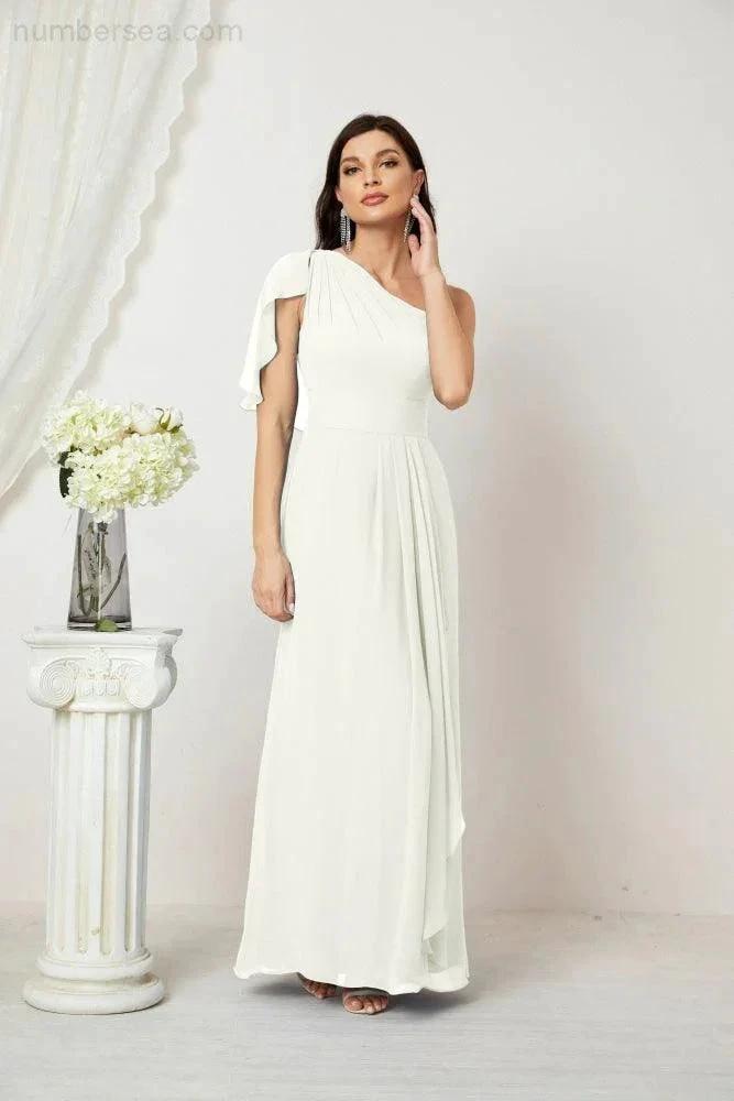 Numbersea  Chiffon Ruffled One Shoulder Long Bridesmaid Dresses A-line Formal Evening Gown Side Split 2809