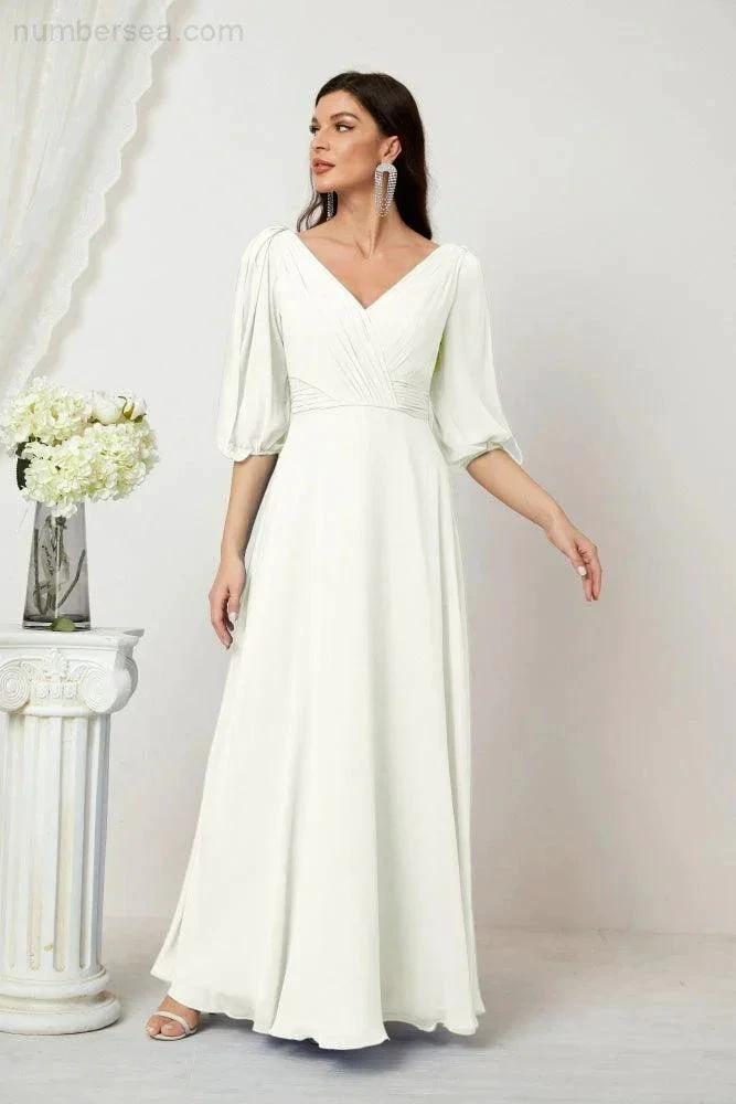 Numbersea  Formal Prom Gown Women V-Neck Chiffon Bridesmaid Dresses Long Bishop Sleeve Party Dress 2807