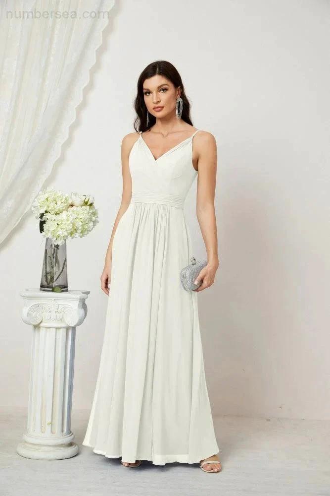 Numbersea Chiffon V-Neck Bridesmaid Dress Spaghetti Strap Long Formal Party Prom Gowns with Slit 28010