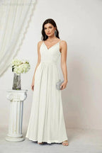 Numbersea Chiffon V-Neck Bridesmaid Dress Spaghetti Strap Long Formal Party Prom Gowns with Slit 28010
