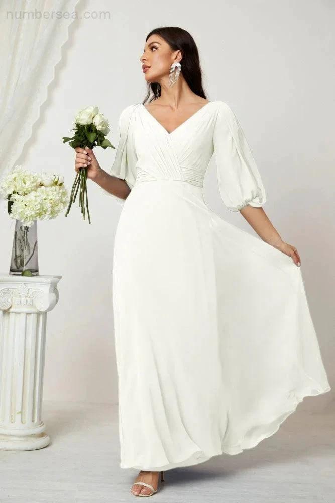 Numbersea  Formal Prom Gown Women V-Neck Chiffon Bridesmaid Dresses Long Bishop Sleeve Party Dress 2807