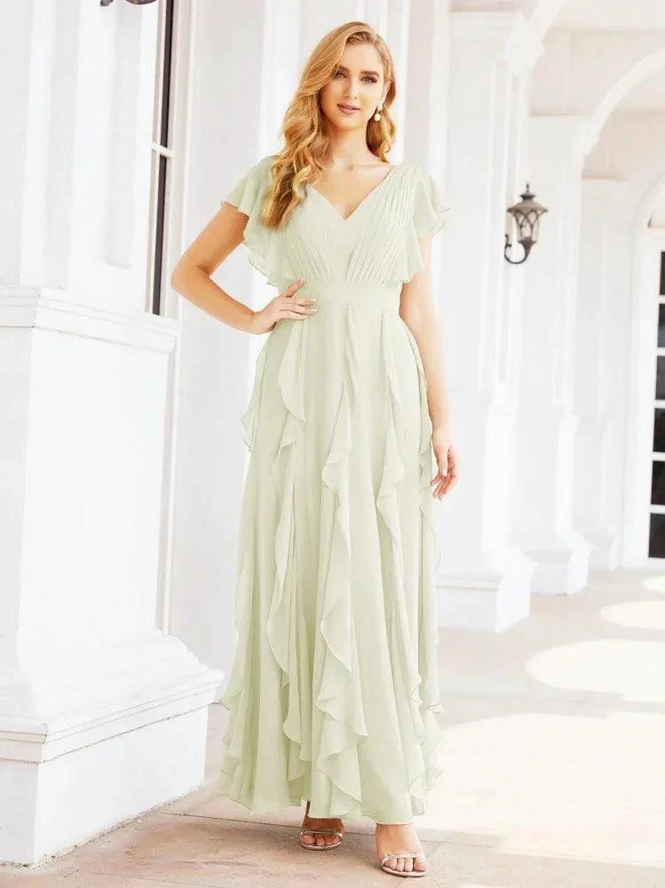 Ruffled Bridesmaid Dresses with Sleeves Long Formal Party Dress 28041