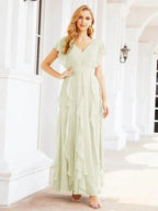 Ruffled Bridesmaid Dresses with Sleeves Long Formal Party Dress 28041