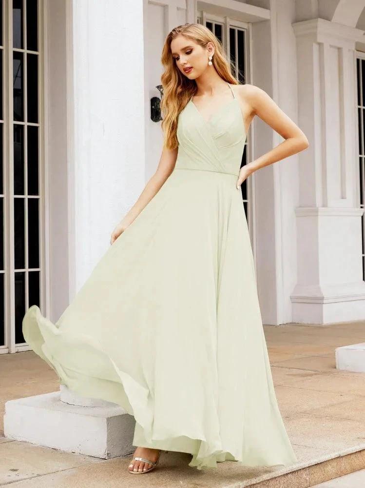 Numbersea Halter Chiffon Bridesmaid Dresses Wedding Appare Sleeveless Formal Prom Dress with Ruffled Back 28035
