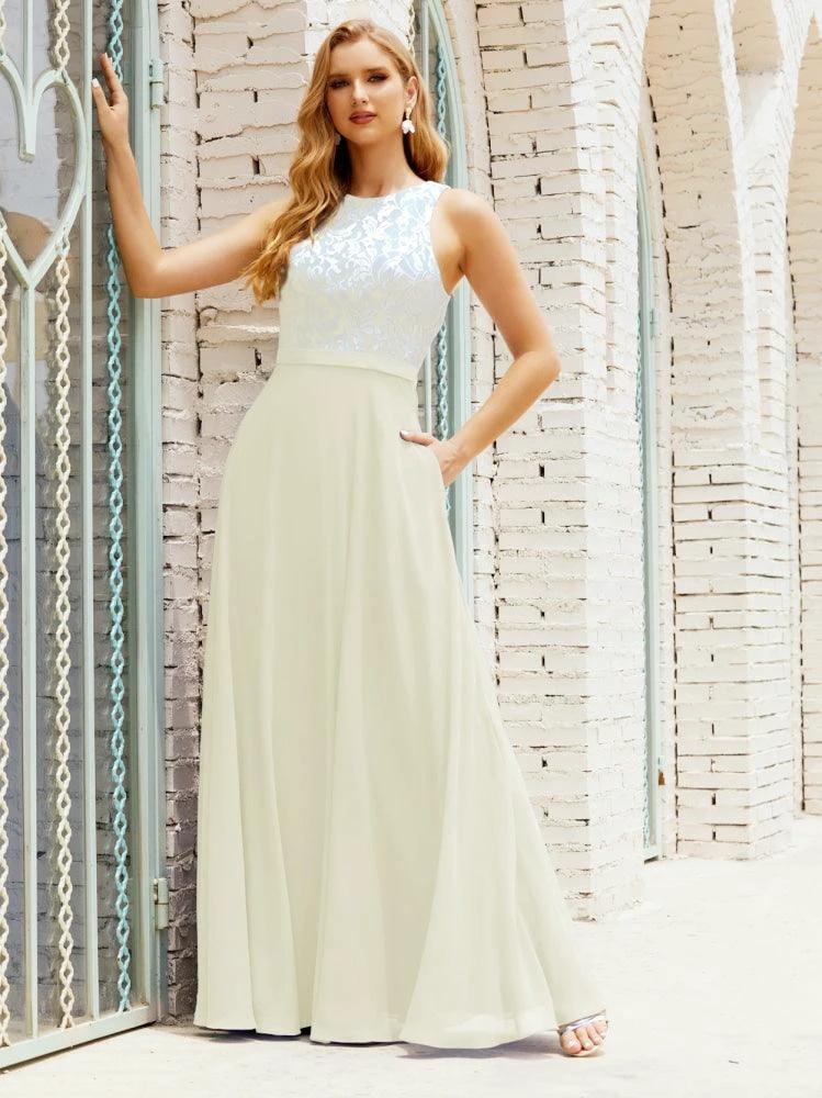 Lace Bridesmaid Dress Floor Length Evening Gowns with Pockets 28017