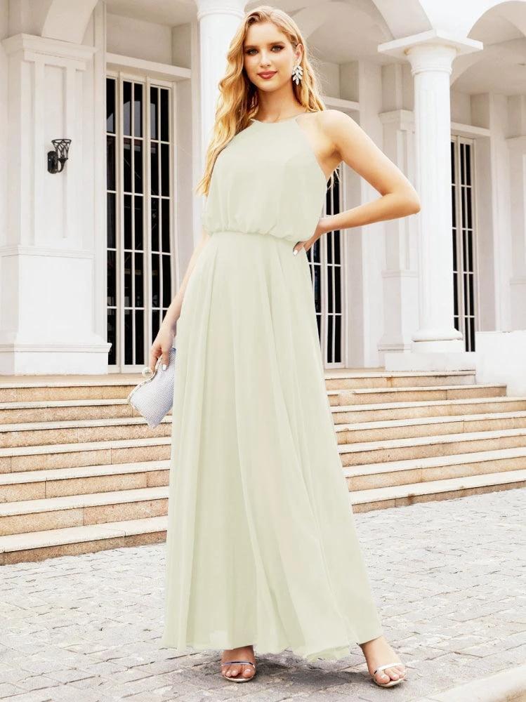 Numbersea  Halter Long Bridesmaid Dresses Formal A line Juniors Dress 28029