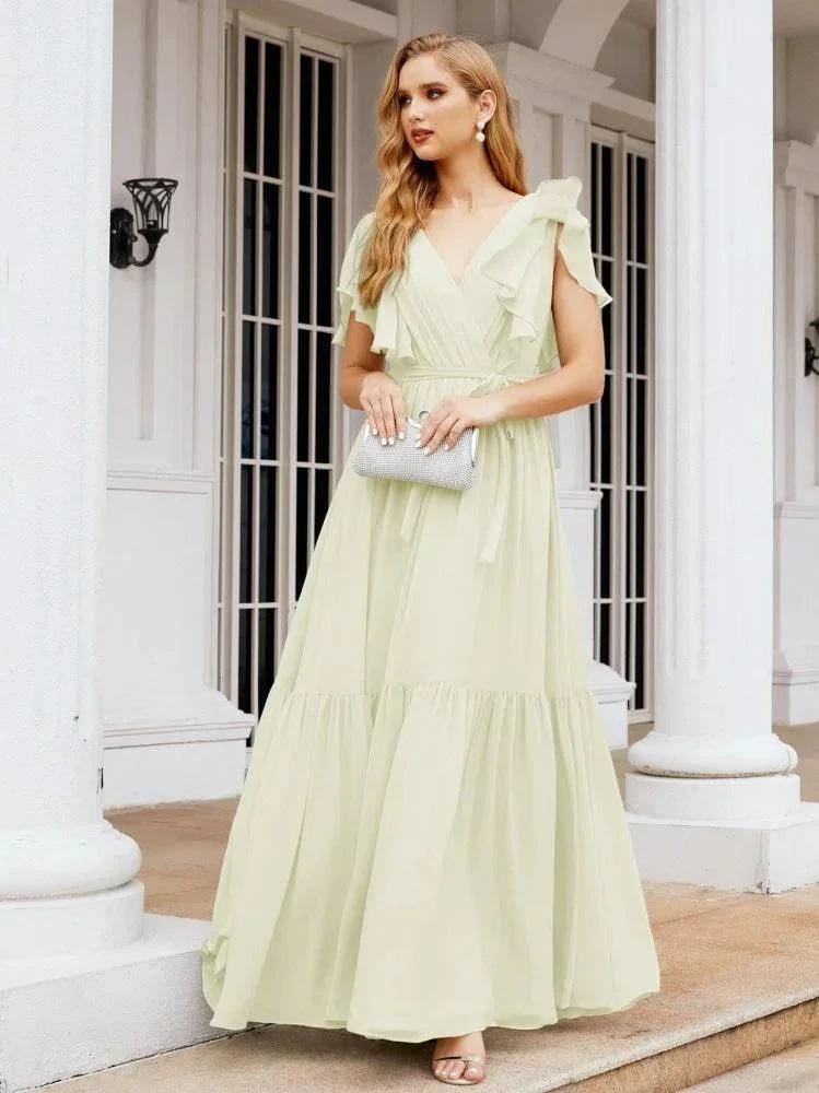 Numbersea Women's Open Back Formal Evening Party Prom Gowns V-Neck Long Chiffon Bridesmaid Dresses with Waist Belt 28038