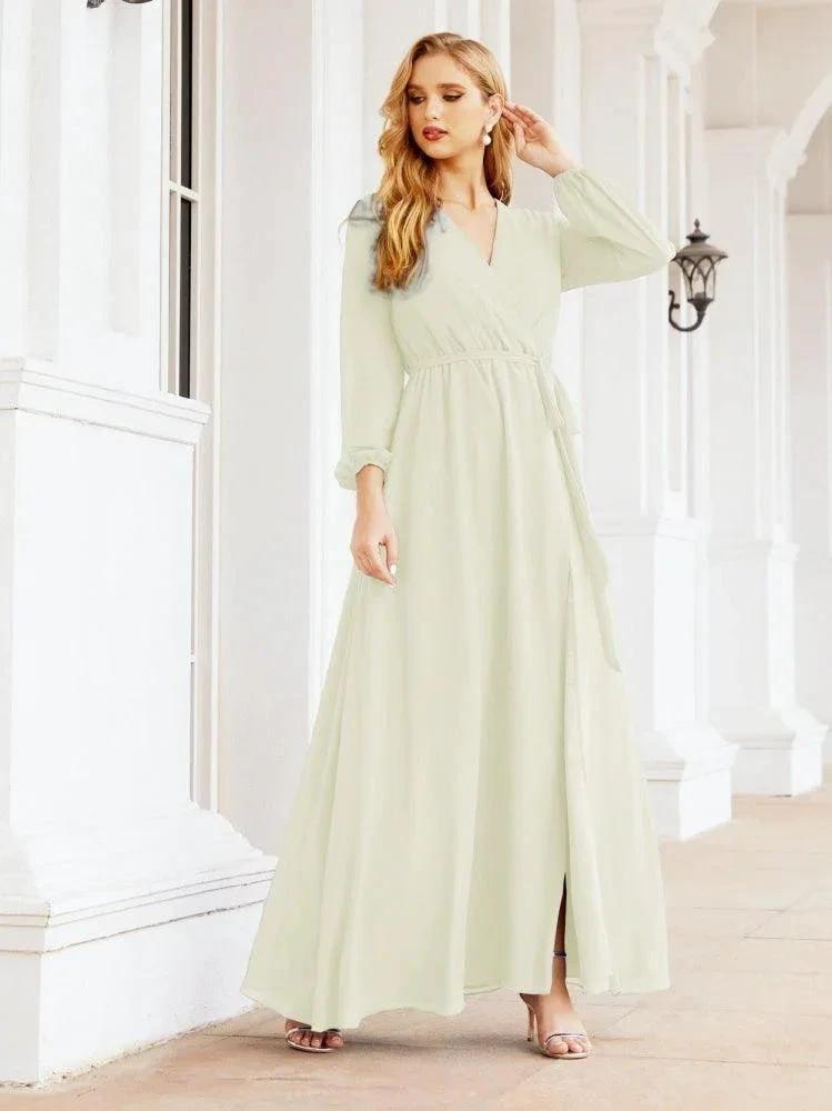 Sunnderly Women's Chiffon Bridesmaid Dress A line Long Sleeves Formal Evening Prom Gown for Wedding Guest SY28032