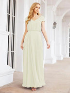 Numbersea V-Neck Bridesmaid Dresses Long Cap Sleeves Prom Evening Formal Gowns 28071